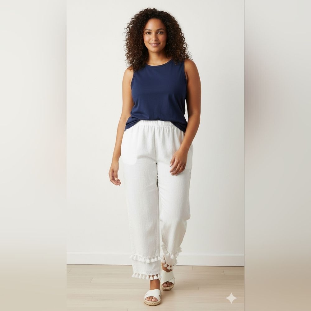 Cynthia Rowley Women's White 100% Linen Pull-On  Tiered Tassel Pants Size Large